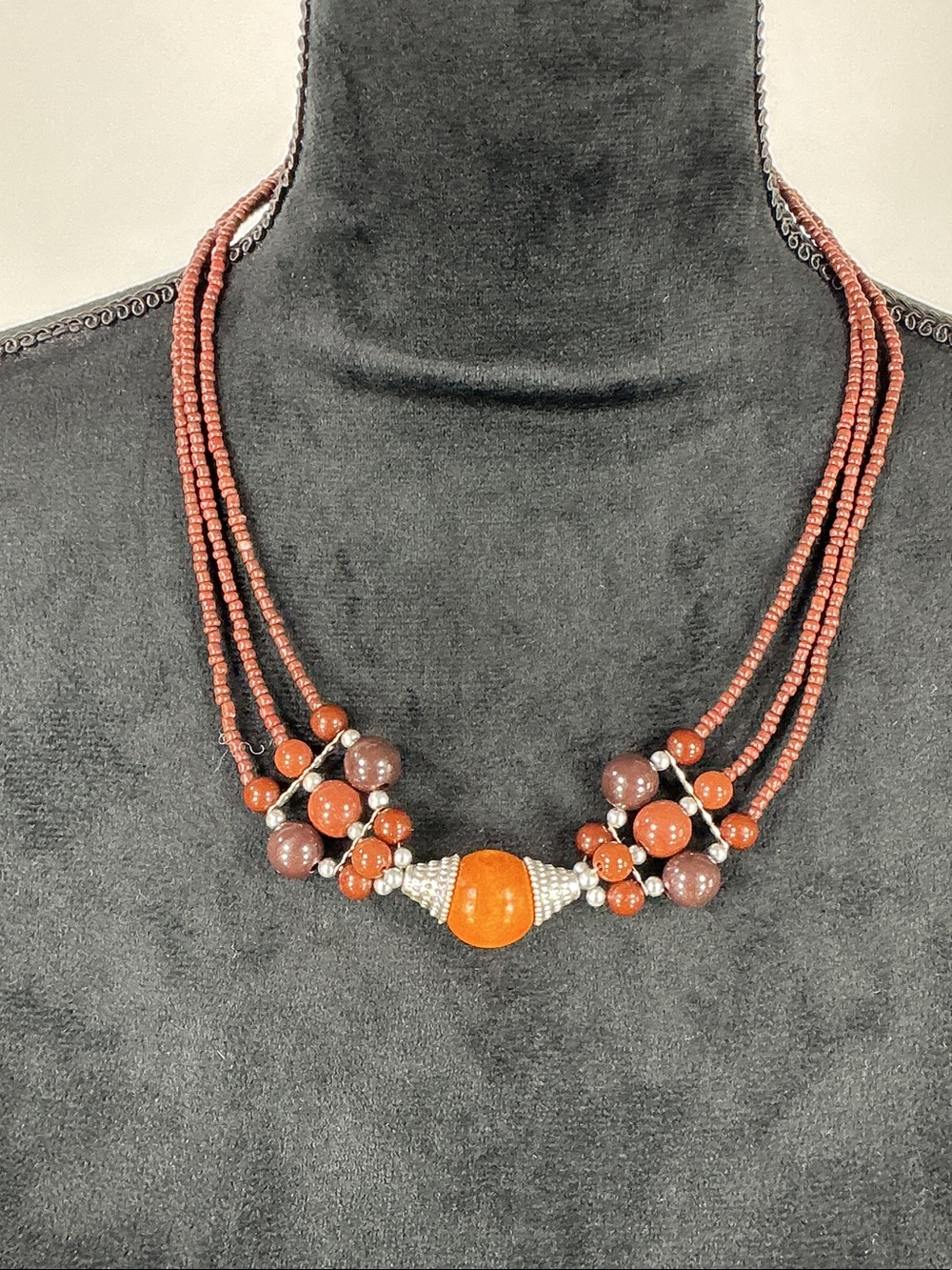 Chunky Multi Strand Wooden Bead Statement Necklace Brown Layered Boho Amber